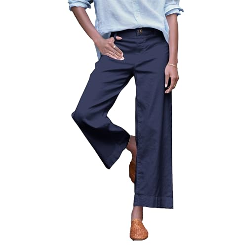 Cropped Linen Pants Women High Waisted Wide Leg Pants for Women Business Casual Comfy Work Pant with Pockets