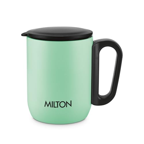 Image of MILTON Gemini Coffee Mug 250 Double Walled Non - Insulated | 220 ml Inner Stainless Steel Tea Mug with Lid & Handle | Hot & Cold | Coffee Mug Travel Tea Cup | Black Coffee |Tea Cup Single| Light Green