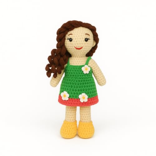 Image of Sutra Handmade Crochet Doll with Green Dress & Flowers | Amigurumi Wool Plush Toy | Soft Gift for Kids, Nursery & Home Decor
