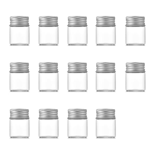 LESHOW 14 Pcs Clear Glass Bottles With Screw On Aluminum Lids 15ml Leak Proof Cosmetic Jars For Essential Oils Creams Salves Powders Multi Purpose Mini Containers With Air Tight Seal Sample Storage