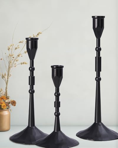 YOUTUOY Vintage Taper Candle Holders Set | Handmade 3-Piece Candlestick Decor for Table Centerpiece, Farmhouse Kitchen & Party Lighting (Black)
