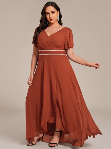 Image of Ever-Pretty Plus Women's Chiffon V-Neck Beading Ruffles Sleeves Maxi High Low Plus Size Formal Dresses