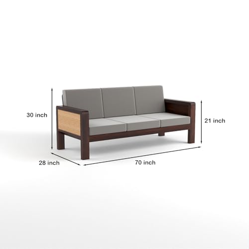 Image of Sheesham Wooden 3 Seater Sofa for Living Room | Solid Wood Sofa with Cane Side Panel | Rosewood Sofa Set for Home & Office | Lounge (Walnut Finish, 3 Seater)