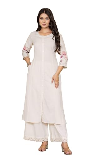 Image of Pistaa's Women Cotton Elegant Off-White Floral Embroidered Sleeves Kurta Palazzo Set