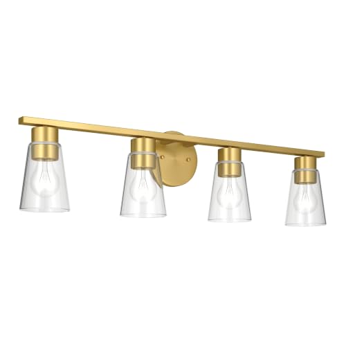 Image of Kichler Stamos 31.25 inch 4-Light Soft Modern Vanity Light with Clear Glass in Brushed Gold, (8.25 inch H x 31.2 5 inch W), 55122BGCLR