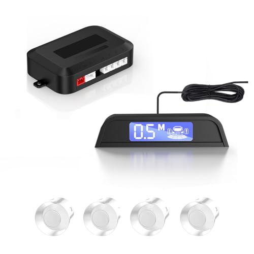 Compact Screen Parking Sensors with Sound Warning, 4 White Parking Sensors for Car, Vans, RV, Trailer – Reliable Rear Obstacle Detection