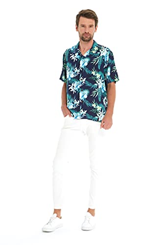 Image of Family Matching Hawaiian Clothes, Orchid Breeze Navy | Lightweight 100% rayon • Family matching outfits • Beach vacations • Luaus • Cruises • Family photos