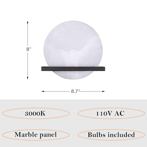 Image of 2 Pack 1 Light 8 inch Round Natural Alabaster Bathroom Wall Sconce Modern Concise Style Wall Light Fixture,Oil Rubbed Bronze Finish for Bedroom Hallway Bedside Living Room