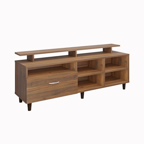 Image of VIKI Modern TV Unit for Living Room | Engineered Wood TV Cabinet with 1 Drawer Storage, 2 Open Shelves & Extension, Entertainment Unit, 140W x 48H x 40D cm | DIY | 1 Year Warranty (Walnut)
