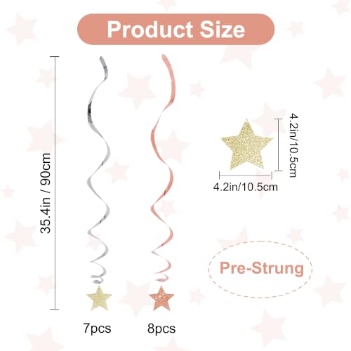 Image of BEISHIDA Rose Gold and Silver Glitter Stars Hanging Swirls Pre-Strung Hanging Ornament Decorations for Engagement Bridal Showe Wedding Anniversary Birthday Party Decorations,Pack of 15