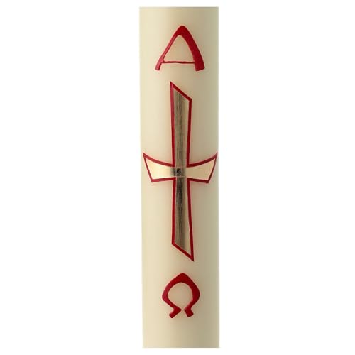 Paschal Candle, red and Gold Cross with Nails, 60x8 cm, Beeswax