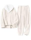 Gihuo Women' s Fluffy Pajamas Set Fleece Pullover Pants Loose Plush Sleepwear 2 Piece Pjs Set Warm Loungewear Fuzzy(Beige-XL)