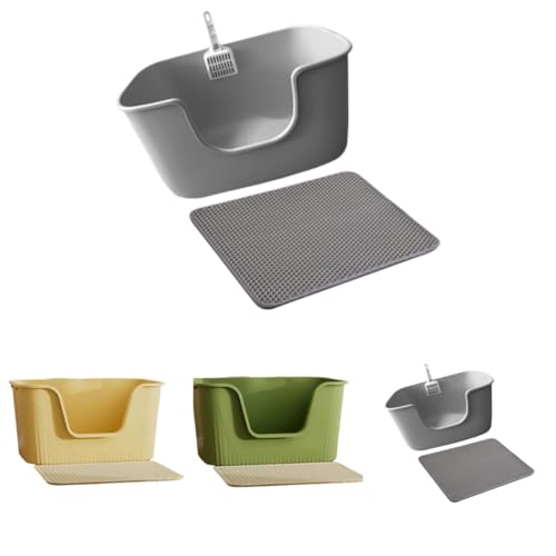 LightRise 猫用トイレボックス 特大 オープン お手入れ簡単 清潔 飛散防止 一体型 防滴トイレEVA二重層クッション付きシャベルを送る ((グレー)+ EVA二重層クッション,大きいサイズ 54*38*26CM)