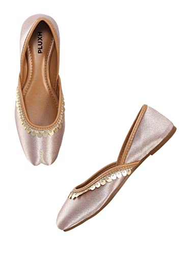 Image of Pluxh Women's Ethnic Jutti Shoes | Shiny Finish Mojari with Sequin Border | Soft Cushioned Slip-On Flats for Casual