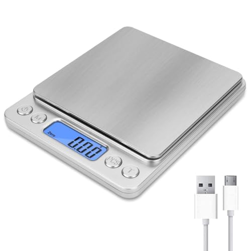 WUSJCOF Bilancia digitale ricaricabile con ampio display LCD, scala alfabetica, misurazione liquidi, elevata precisione fino a 1 g, carico massimo 3 kg (argento)