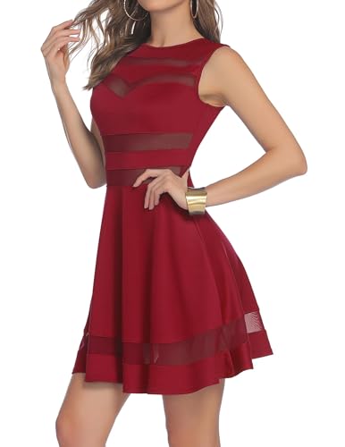 Zeagoo Damen Sexy Hohe Taille Partykleid Cocktailkleid Sommerkleid Bodycon MiniKleid mit Mesh Clubwear A-Linie Kleid XL Weinrot