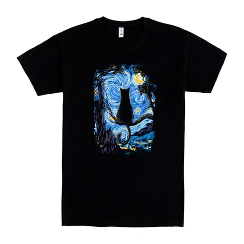Pampling Camiseta de Manga Corta, 100% Algodón, Ropa Unisex para Hombre y Mujer, Serigrafiada con Cuello Redondo y Corte Recto, Color Negro (Cat Starry Night, M)