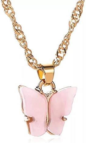 MACKNESSGold Chain Plated Pink Butterfly Pendant Necklace for Women and Girls
