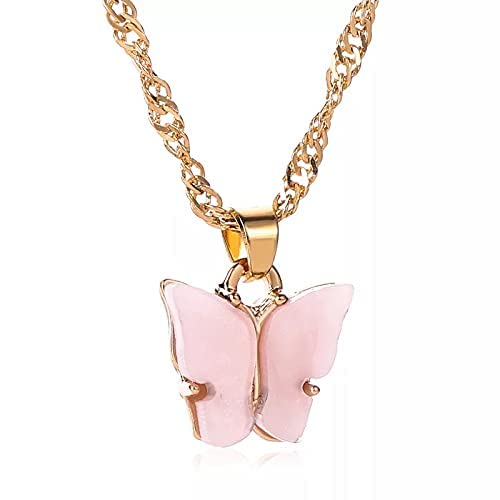 MACKNESSGold Chain Plated Pink Butterfly Pendant Necklace for Women and Girls