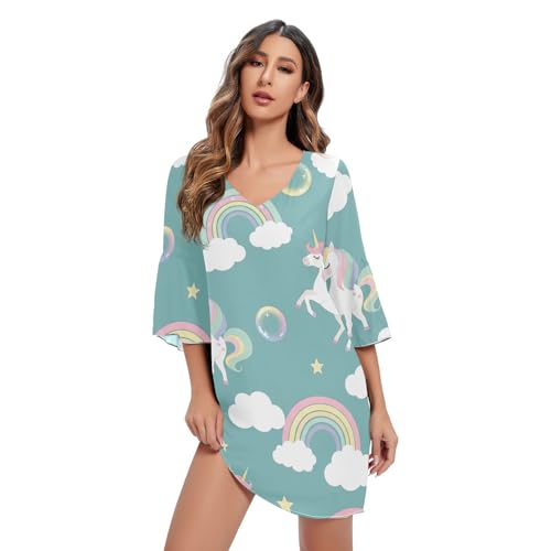 Robe trapèze col en V motif licorne pastel imprimé arc-en-ciel vêtement fille manches 3/4