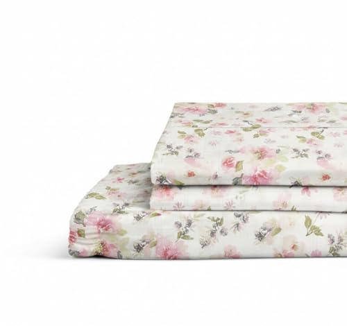 Linen Home Cotton Percale Fitted Bedsheet Set, Floral Pink, King Size (1 Fitted-198cm X 183cm, 2 Pillow cases-46 cm x 69 cm), 200 TC, Crisp and Cool