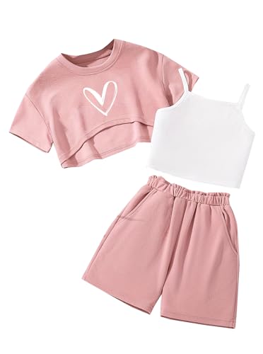 Image of Hilinker Girls 3 Piece Summer Outfits Graphic Crop Tee and Cami Top with Shorts Set