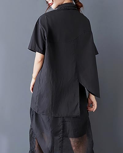 ellazhu Women's Shirt Lapel Short Sleeve Button Down Solid Color Irregular Hem Asymmetrical Cut GZ4794
