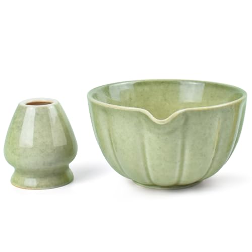 Artcome Ensemble de bol à matcha avec bec verseur et support pour fouet, bol à matcha en céramique avec bec verseur pratique et support de fouet en bambou pour cérémonie