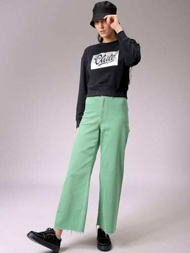 Image of Freehand by The Indian Garage Co Women Relaxed Fit Holographic Cropped Sweatshirt