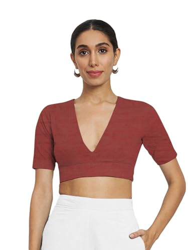 Image of Thevasa Women's Everyday Divine Depth V Neck Half Sleeves Blouse