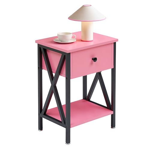 Image of VECELO Nightstand,Modern Bedside End Table, Night Stand with Drawer and Storage Shelf for Living Room Bedroom, Industrial Metal Frame