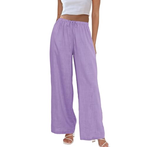 Image of Duyang Womens Cotton Linen Palazzo Pants Drawstring Elastic Waist Casual Wide Leg Trousers with Pockets