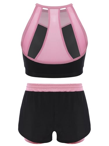 Girls Athletic Outfit Set Sleeveless Crop Tops With Bike Shorts For Gymnastics Volleyball Yoga Pink 10 Years2