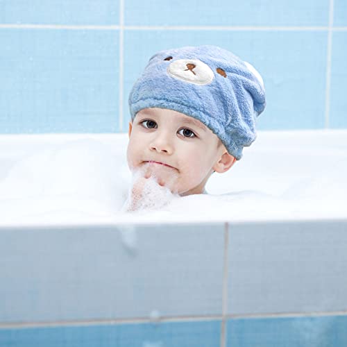 2 Pieces Bath Caps, Absorbent Hair Drying Wrap Towel, Cute Bear Embroidery Coral Velvet Wet Kids Hair Dry Turban Wrap Quick Dry Head Towel Cap For Women and Girls (Pink and Blue)