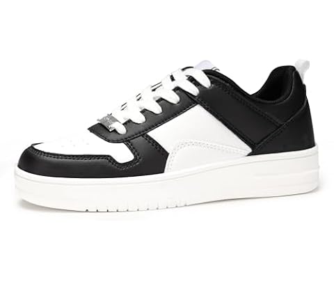 LUCKY STEP Moda damska błyszczące trampki z kryształami górskimi białe skórzane niskie buty tenisowe sznurowane na co dzień wygodne buty do chodzenia, czarny/biały, 43 EU