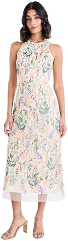 Maggy London Floral Embroidered Halter Midi Dress with Back V-Neck Vestido, Rojo