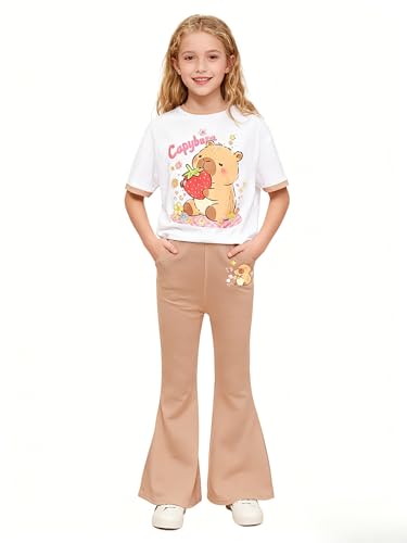 Image of Ayzozuy Tween Girls 2 Piece Outfits Short Sleeve Cartoon Graphic T-Shirt & Flared Pants Kids Clothing Set Size 8-13 Years