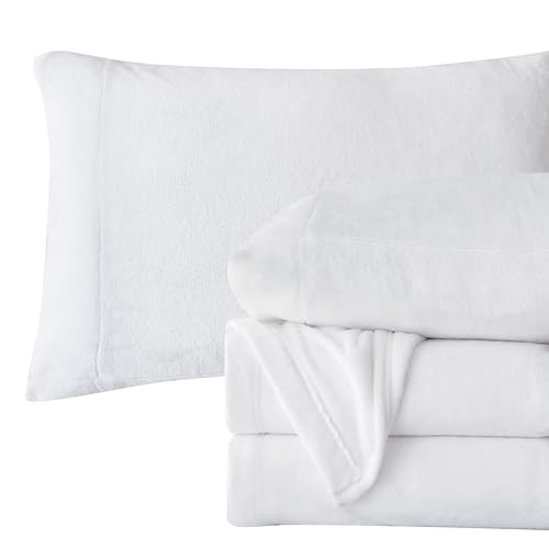 Elegant Comfort Luxuriously Soft 4-Piece Velvet Plush Flannel Sheet Set - Premium Quality - Cozy Warm, Anti-Static, Non Pilling Fuzzy Velvet Flannel Fleece Deep Pocket Sheet Set - Twin XL, White