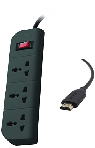 Image of Belkin Essential Series 3-Socket Surge Protector Universal Socket with 5ft Heavy Duty Cable (Grey) & F3Y021bt2M High Speed HDMI Cable with Ethernet - 2 Meter (Black)