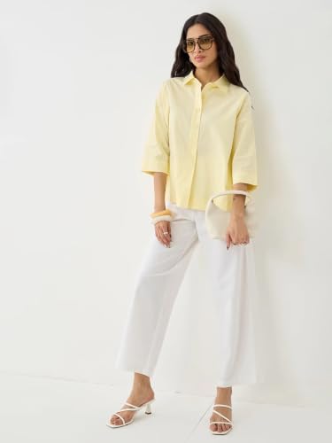 Image of Women's Butter Yellow Cotton Poplin Shirt | Quarter Sleeves | Relaxed Fit | Crispy Cotton Fabric | Button Down Collar | Casual Shirt | Classic Solid Colour |