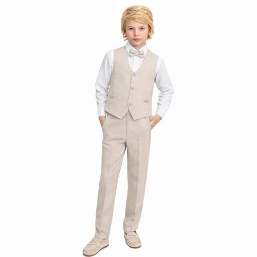 Lilax Boys Formal Suit 4 Piece Vest Pants and Tie Dresswear Suit Set (7 Years Beige)