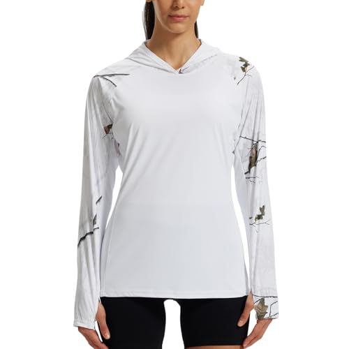 LOOGU Women's UPF 50+ Sun Protection Hoodies Shirts Slim Fit Long Sleeve Lightweight Quick Dry UV Fishing Hking Outdoor Slim Fit Large White/Loogu Ents Snow