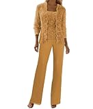 3 Pieces Mother of The Bride Pant Suits for Wedding Gold Lace Chiffon Pantsuits for Women Business with Jacket Size 16