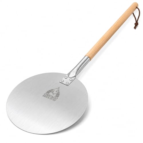 Image of Chicago Brick Oven Pizza Turning Peel, 9-Inch Aluminum Pizza Peel with 31.5-Inch Detachable Wooden Handle & Leather Strap, Pizza Turner for Outdoor Pizza Ovens, Wood Fired Pizza Oven Accessory