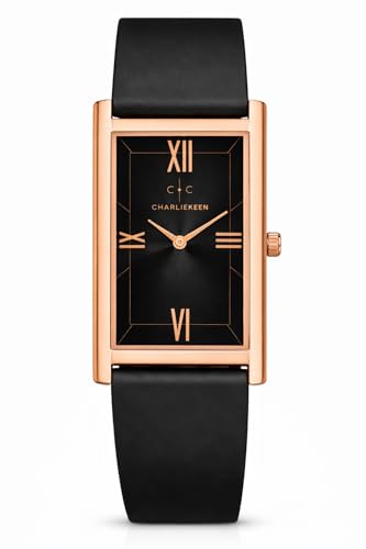 Image of CHARLIEKEEN Rectangular Wristwatch, Black Dial with Rose Gold Roman Numerals, Silicone Strap, Elegant Style