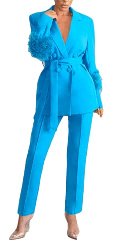 Womens Sexy 2 Pieces Feather Belted Blazer Jackets Bodycon Pants Party Clubwear Tracksuit Outfits Suit Set