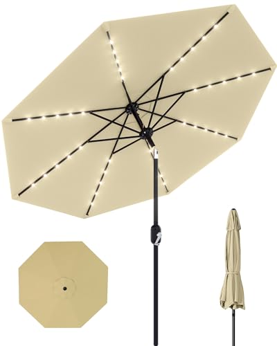 10 Ft Patio Umbrella with Solar Lights, 8 Ribs Outdoor Market Table Umbrella with 40 LED Lights & Tilt Crank for Pool, Deck, Backyard, Beige
