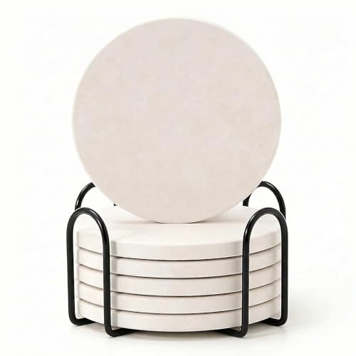 Light Beige Marble Coasters Set of 6 Water Absorbing Drink Coasters with Holder Minimalist Neutral Color Tone Perfect for Home Decor and Bar Fast Absorbing Condensation and Spills Limestone Texture