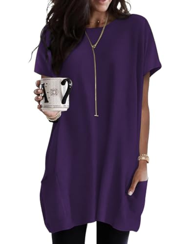 Poetsky Womens Workout Tops Short Sleeve Tee Shirt Tops Cotton Tunic Loose Fit Plus Size Blouses for Work with Pockets Plus Size Work Clothes to Wear with Leggings Purple XXXL