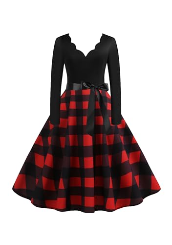 EFOFEI Damen Weihnachten Kleid Langarm Weihnachtskleid Vintage Hepburn Cocktailkleid Weihnachten Partykleid A-Linie Swing Kleid Rot XXL